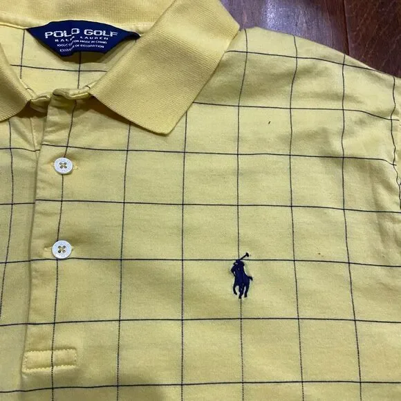 Polo Golf Ralph Lauren Vintage Canary Yellow Navy Cotton Shirt Men's Size Large - Picture 2 of 7